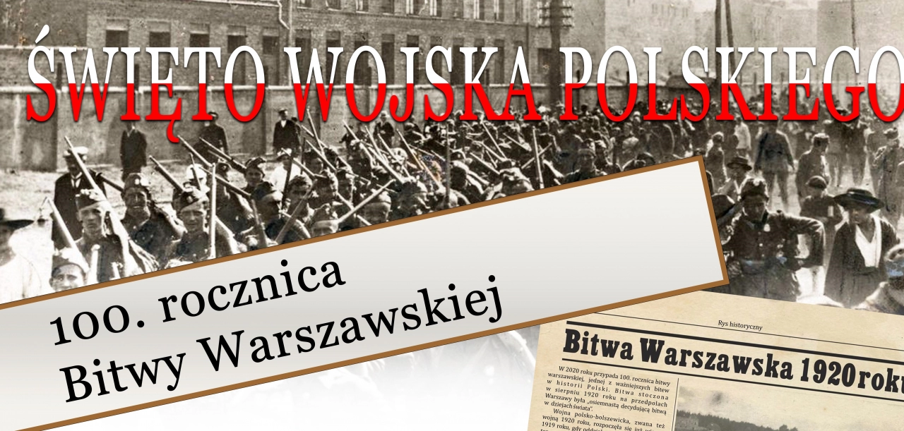 Żołnierze, gazeta i napis Bitwa Warszawska